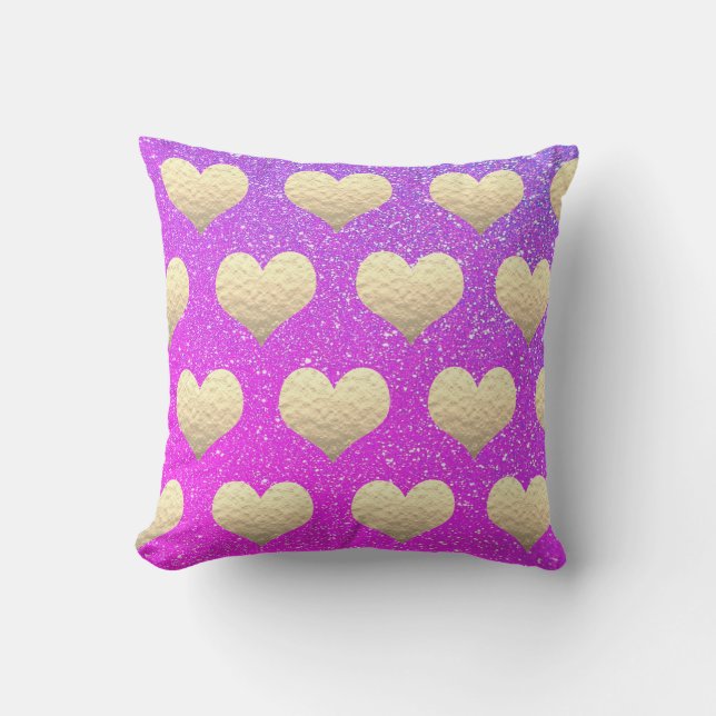 Valentine's Day Gold Heart Pink Purple Glittery Cushion (Front)