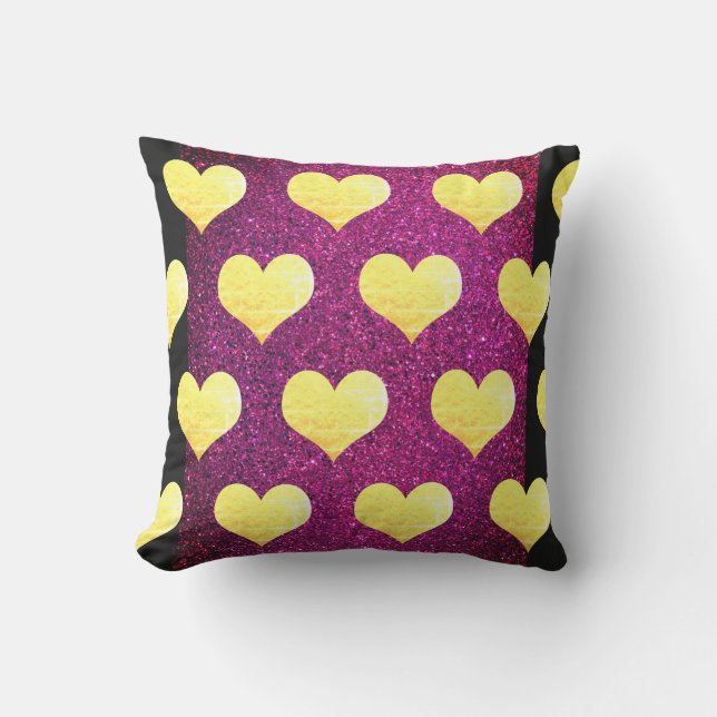 Valentine's Day Gold Hearts Pink Black Glittery Cushion (Front)