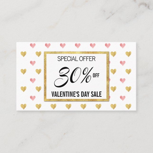 Valentine's Day Gold Pink Glitter Hearts Discount Card (Front)