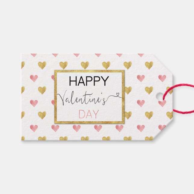 Valentine's Day Gold Pink Glitter Hearts Gift Tag (Front (Horizontal))