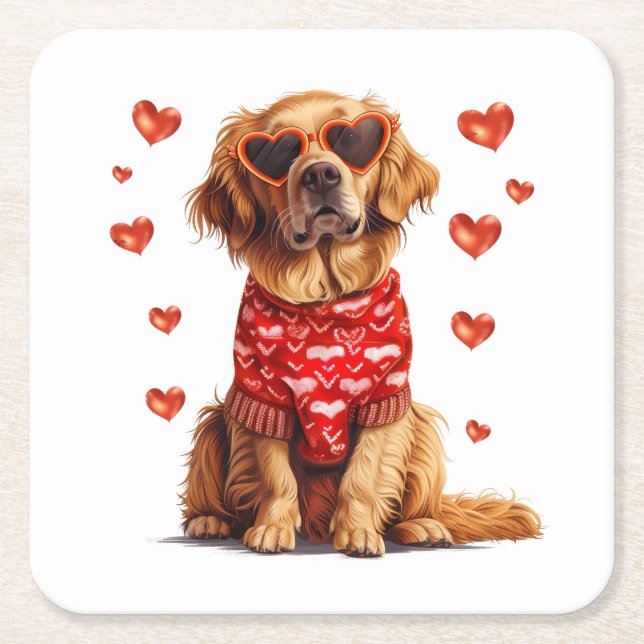 Valentines Day Golden Retriever Dog Square Paper Coaster (Front)
