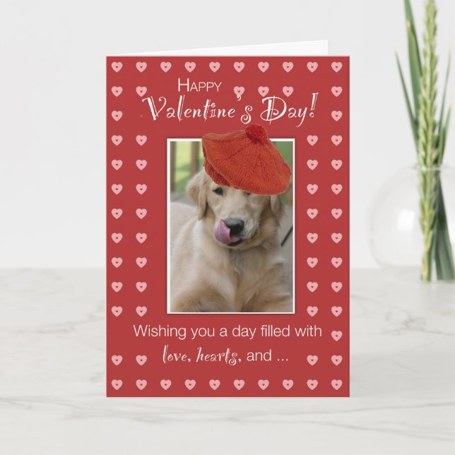 Valentine's Day Golden Retriever Dog W/ Red Heart Holiday Card (Front)