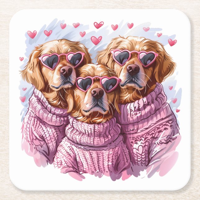 Valentines Day Golden Retriever Dogs Square Paper Coaster (Front)