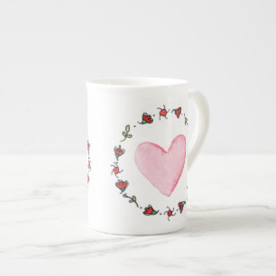 Valentines Day Handpainted Pink Heart Watercolor Bone China Mug