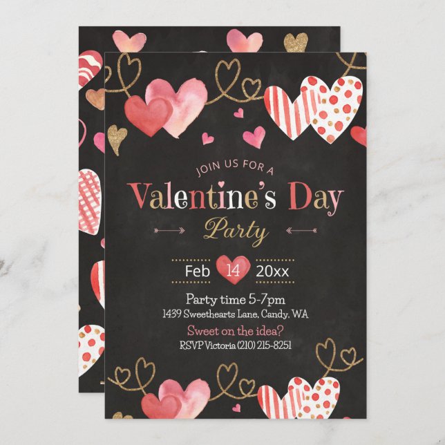 Valentines Day Heart Chalkboard Pink Invitation (Front/Back)