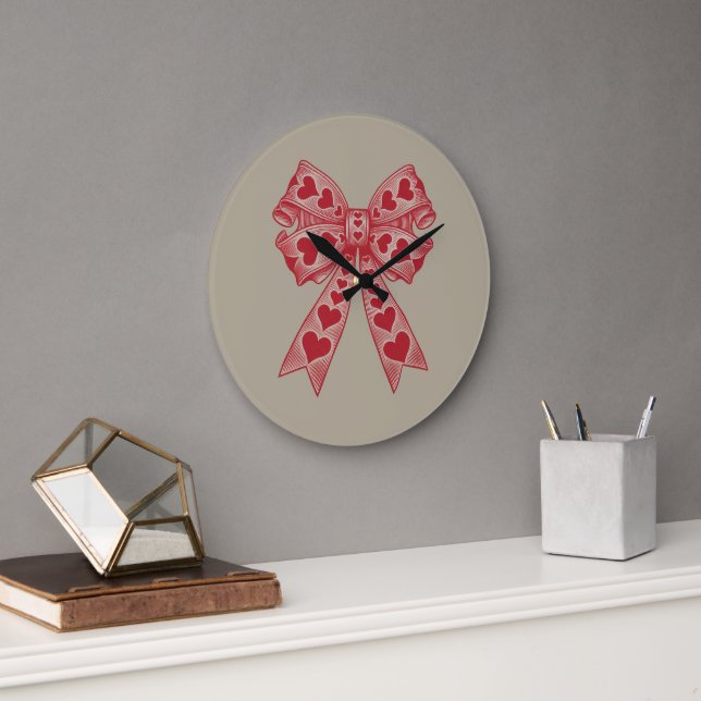 Valentine's day Heart Coquette bow Retro Valentine Large Clock (Office)