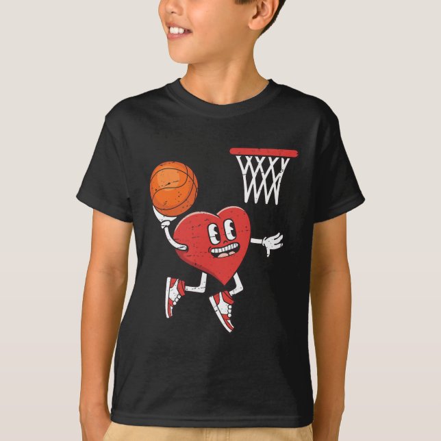 Valentines Day Heart Dunking Basketball Boys Girls T-Shirt (Front)