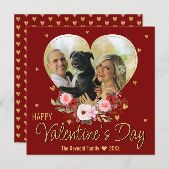 Valentine's Day Heart Gold Photo Glitter Hearts Holiday Card (Front/Back)