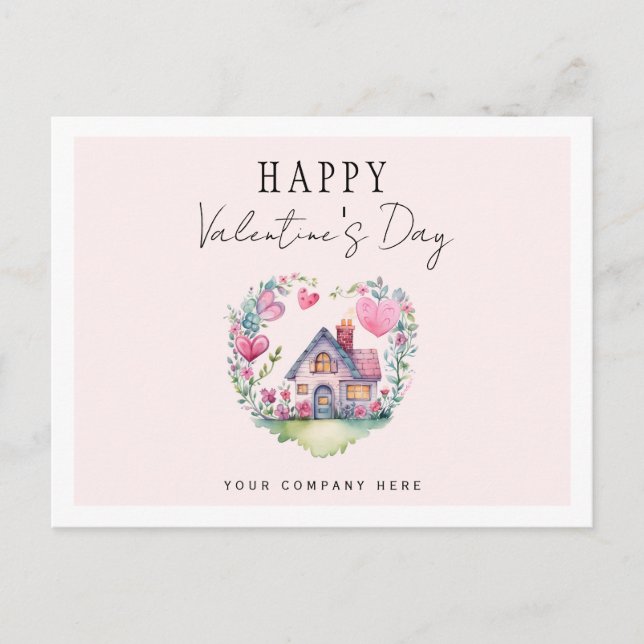Valentine's Day Heart House Watercolor Realty Holiday Postcard (Front)