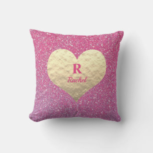 Valentine's Day Heart Monogram Gold Pink Glittery Cushion