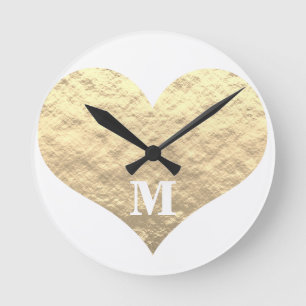 Valentine's Day Heart Monogram Initials Gold White Round Clock