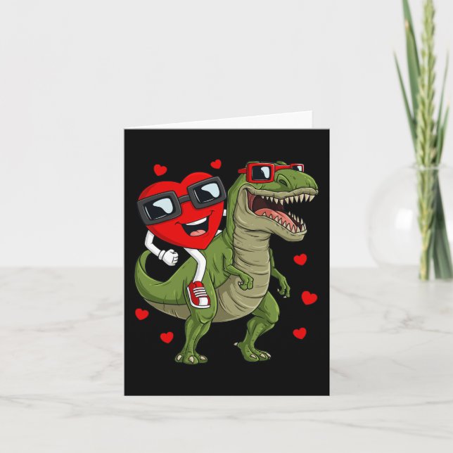 Valentines Day Heart Riding Dinosaur T Rex Fun Boy Card (Front)