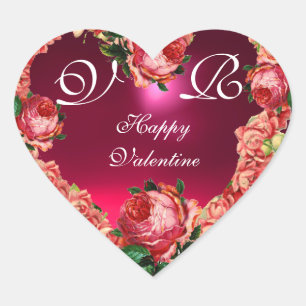 VALENTINE'S DAY HEART WITH PINK ROSES MONOGRAM HEART STICKER