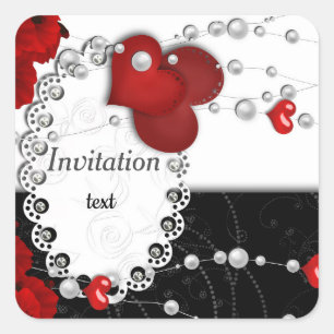 Valentines Day hearts and beads pearl red black Square Sticker