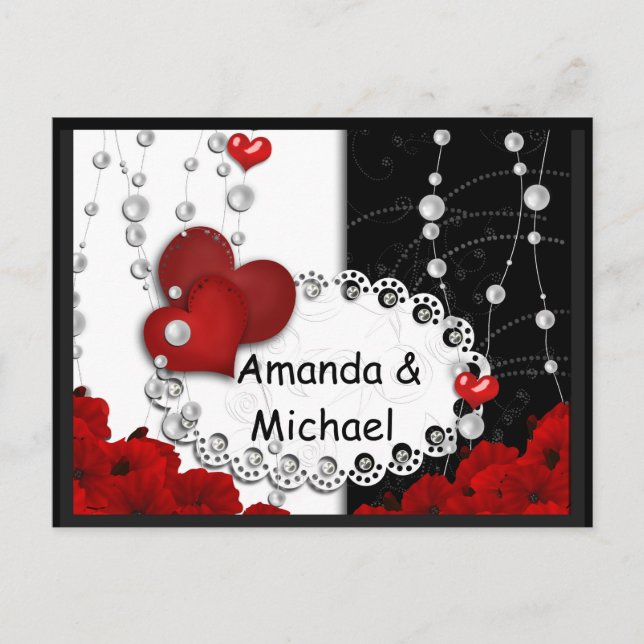Valentines Day hearts and beads pearl red black wh Invitation Postcard (Front)