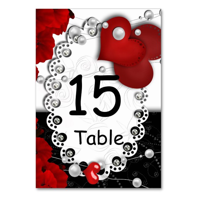Valentines Day hearts and beads pearl red black wh Table Number (Front)
