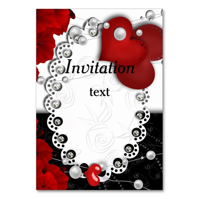 Valentines Day hearts and beads pearl red black wh Table Number (Front)