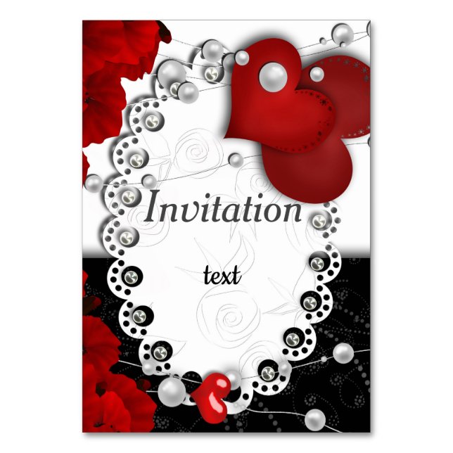 Valentines Day hearts and beads pearl red black wh Table Number (Front)