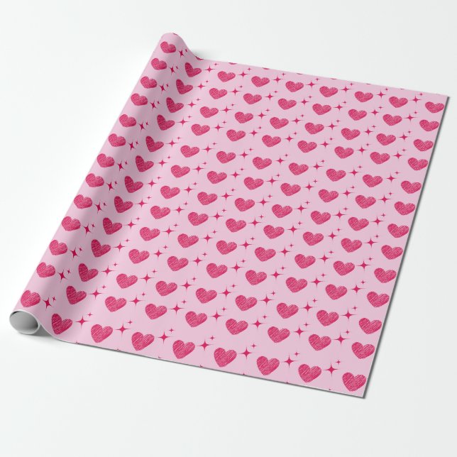 Valentine's Day Hearts and Stars Pattern Wrapping Paper (Unrolled)
