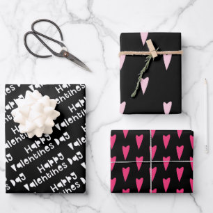 Valentines Day Hearts and Words Black Pattern Wrapping Paper Sheet