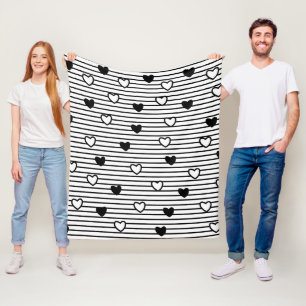 Valentines Day Hearts Black White Stripes Pattern  Fleece Blanket