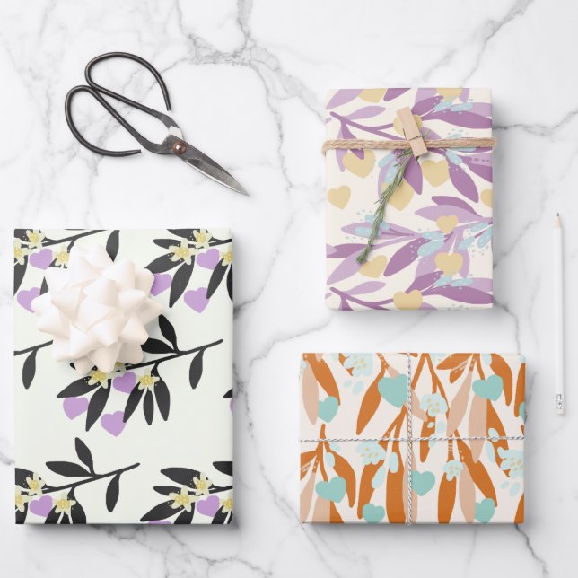 Valentines Day Hearts Branches Flowers Love Pastel Wrapping Paper Sheet (Front)