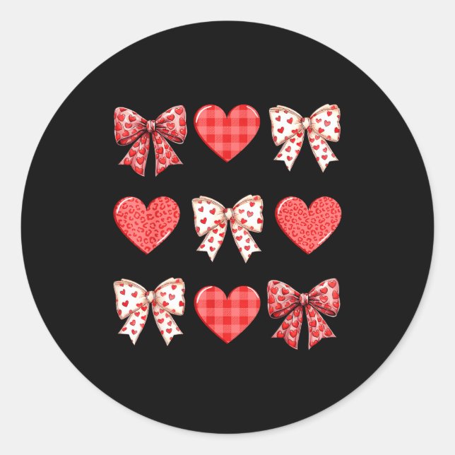 Valentines Day Hearts Leopard Coquette Bow Women G Classic Round Sticker (Front)