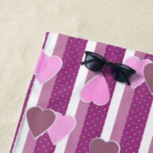 Valentine's Day hearts on striped background Beach Towel
