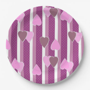 Valentine's Day hearts on striped background Paper Plate