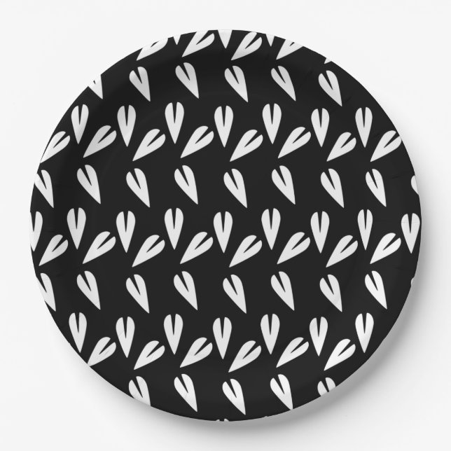 Valentines Day Hearts Pattern Black White Paper Plate (Front)