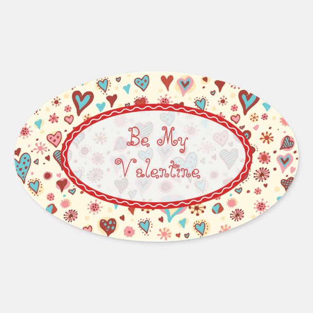 Valentines Day Hearts Pattern-Customisable Text Oval Sticker (Front)