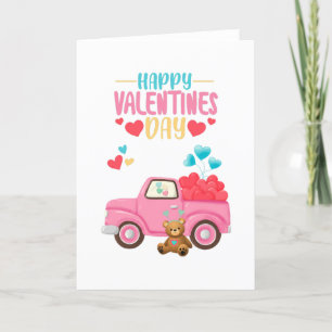 Valentine's Day Hearts Pink Truck Teddy Bear Card