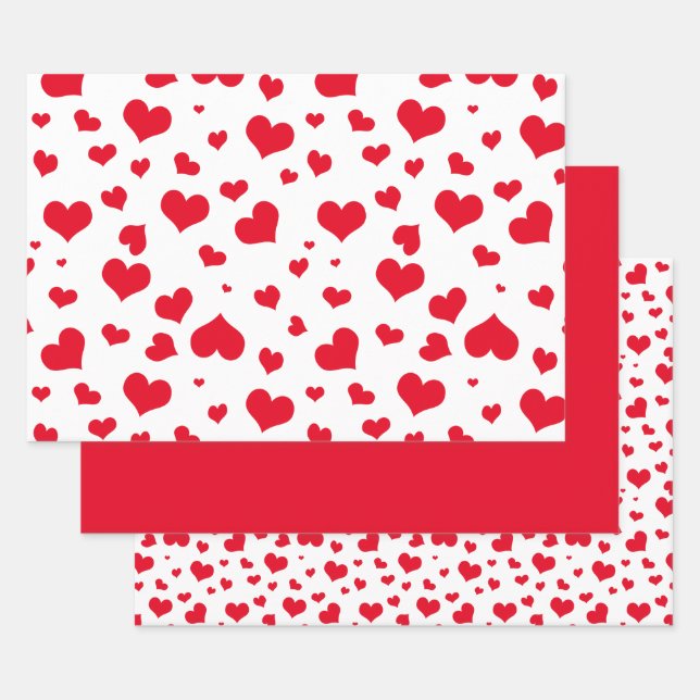 Valentine's Day Hearts Random Pattern red/White Wrapping Paper Sheet (Set)