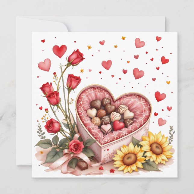 Valentine's Day Hearts, Roses and Chocolates  Holiday Card (Front)