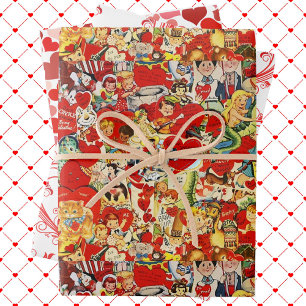 Valentine's Day Hearts Vintage Cards 3 Pretty Wrapping Paper Sheet