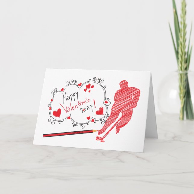 Valentine's Day Hockey scribble sketch hearts Holiday Card (Front)