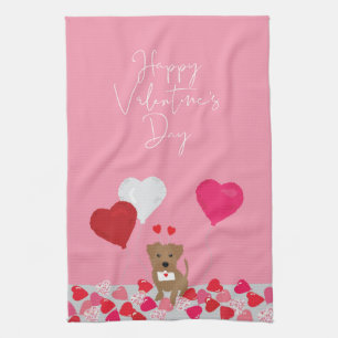 Valentines Day Illustrated Dog with Heart Balloons Tea Towel