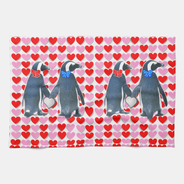 Valentine's Day Kitchen hand towel, Penguin Tea Towel (Horizontal)