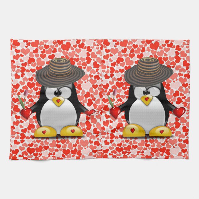 Valentine's Day Kitchen hand towel, Penguin Tea Towel (Horizontal)