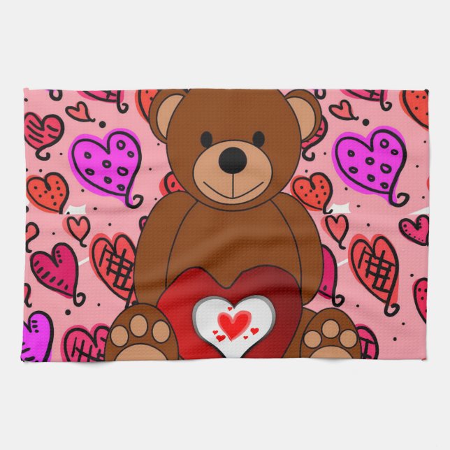 Valentine's Day Kitchen hand towel, Teddy Bear Tea Towel (Horizontal)