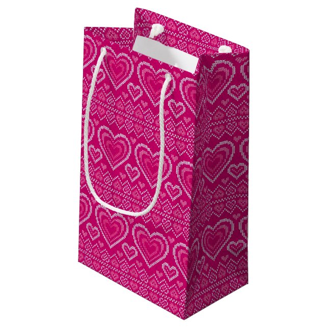 Valentine's Day Knitted Pattern 2 Small Gift Bag (Back Angled)