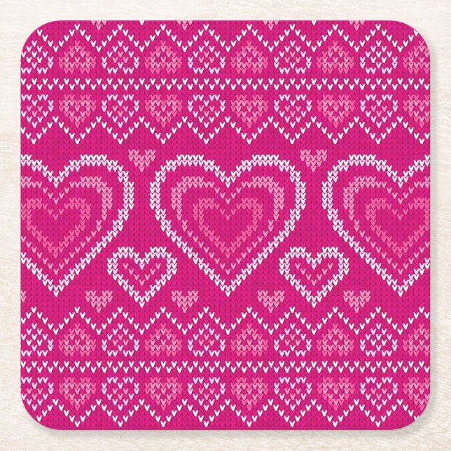 Valentine's Day Knitted Pattern 2 Square Paper Coaster (Front)