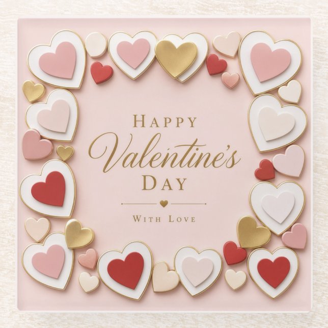 Valentines Day Layered Heart Frame Border Glass Coaster (Front)