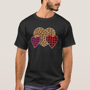 Valentines Day Leopard Buffalo Plaid Three Heart G T-Shirt