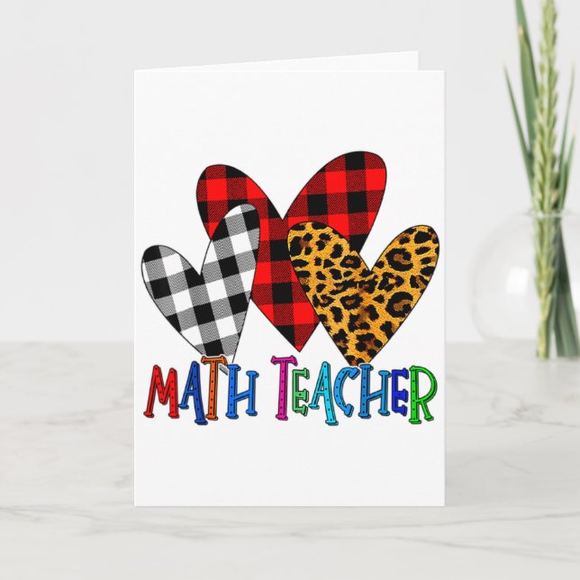 Valentines Day Leopard Math Teacher Buffalo Plaid  Card (Front)