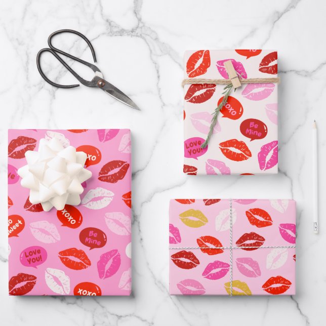 Valentine's Day Lips with text pink red white Wrapping Paper Sheet (Front)