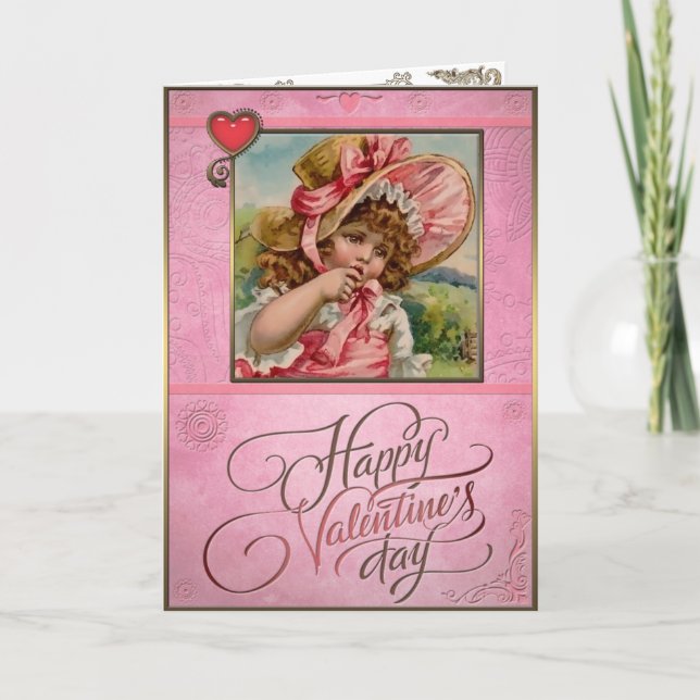 Valentine's Day - Little Girl in Pink. Holiday Card (Front)