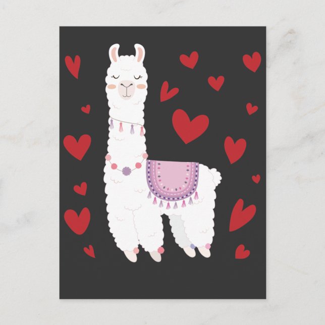 Valentines Day Llama Alpaca Hearts Girl Boy Kids Postcard (Front)