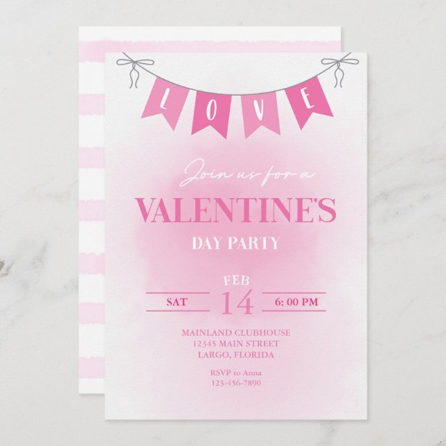 Valentine's Day Love Banner Pink Watercolor Party Invitation (Front/Back)