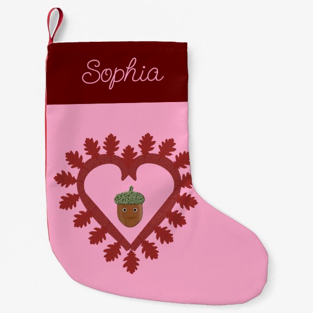 Valentines Day Love Heart Acorn Custom Name Small Christmas Stocking (Front)
